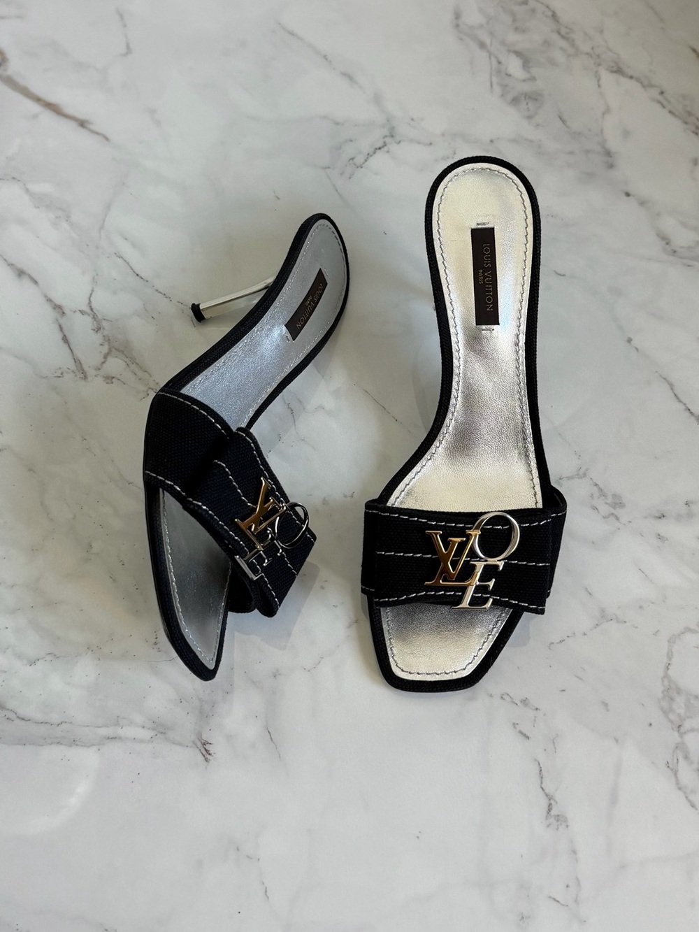 Authentic 2007 Louis Vuitton Silver Gold LV Love Logo Emblem Kitten Heel Mules
